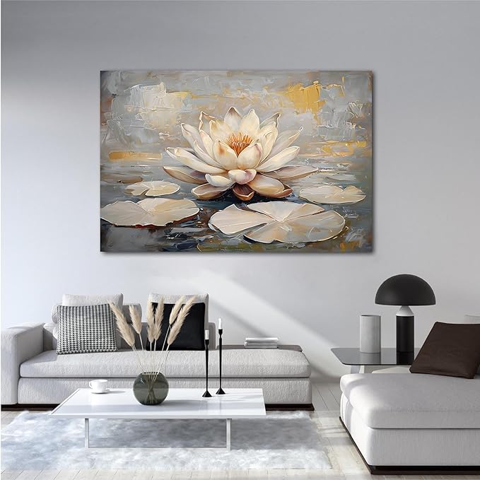 Ethereal white lotus floating on Crystal Waters poster vintage oil painting printwall art soft blush and gold accents serene home and office decor dreamy 28x40in Frameless