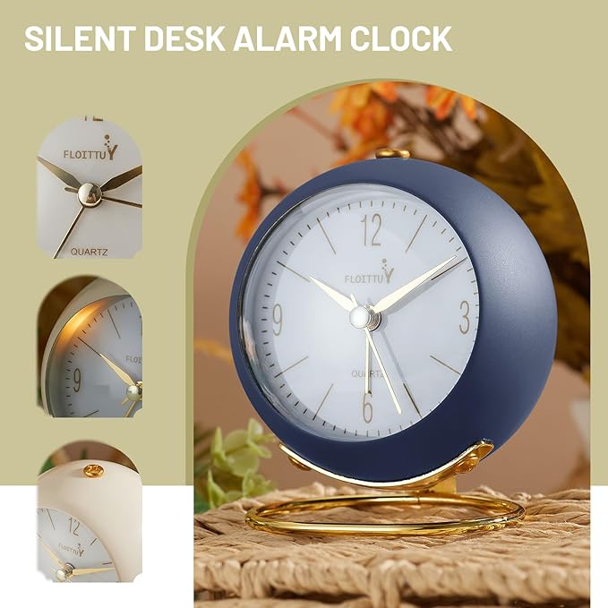 FLOITTUY Silent Table Analog Alarm Clock No Ticking, Lighted on Demand and Battery Operated, Beep Sounds, Small Desk Clock(Navy Blue)