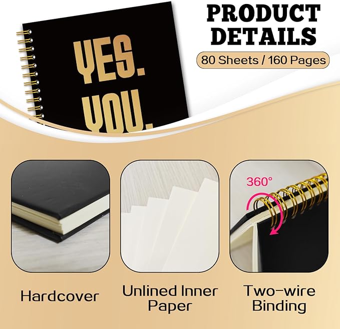 YAZMEEN Inspirational Quote Black Gold Spiral Notebook（160 Pages） Yes You Can Blank Hardcover Notebook Employee Appreciation Gift Office Notebook Gift Funny Encouragement Gift for Colleague Friend