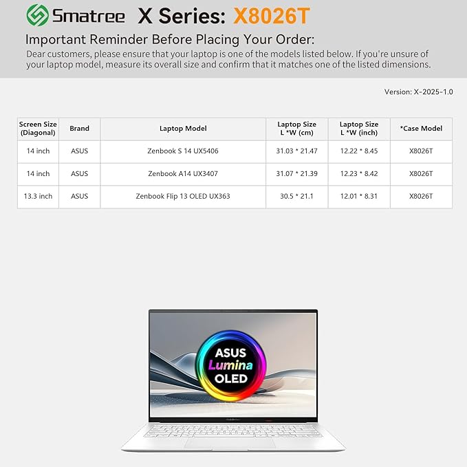 Smatree Hard EVA Protective Sleeve Compatible for 14 inch ASUS Zenbook A14 UX3407 Copilot+PC, for 14 inch Zenbook S 14 UX5406, for 13.3inch Zenbook-Flip-13 OLED UX363 Case (X8026T)