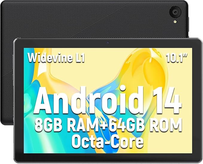 MUISOO Tablet 10 Inch, Android 14 Tablet PC, 8GB RAM+64GB ROM (1TB TF), Octa-Core 2.0 GHz, Bluetooth 5.0, WiFi 6, Widevine L1, 5MP+8MP, 5000mAh,Type-C (Black, 10)