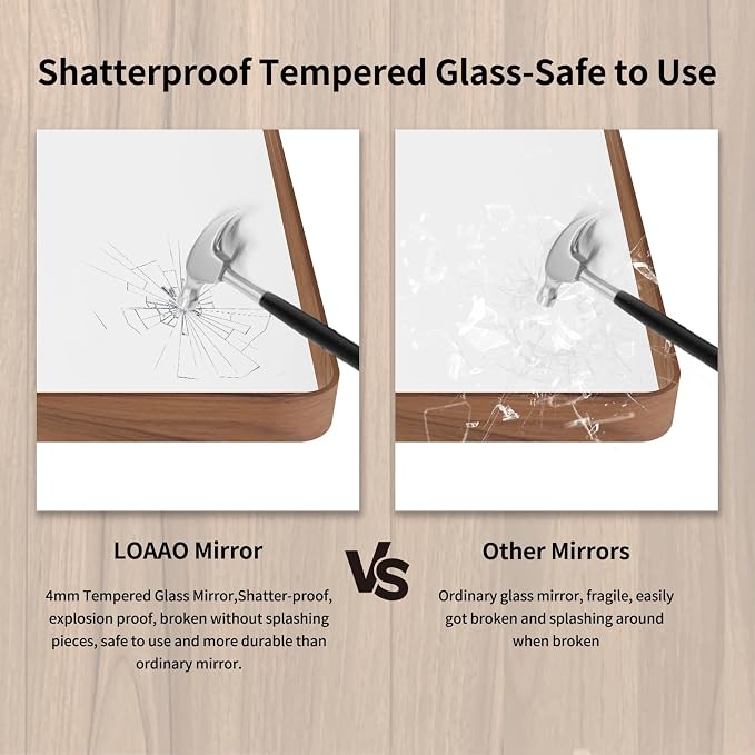 LOAAO 48X30 Inch Bathroom Mirror with Wood Grain Colored Metal Frame, Rounded Rectangle Metal Framed Bathroom Mirror, Anti-Rust, Hangs Horizontally or Vertically, Tempered Glass