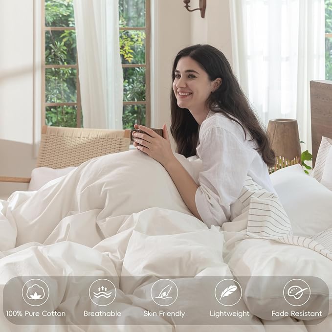 MooMee Bedding Duvet Cover Set 100% Washed Cotton Linen Like Textured Breathable Durable Soft Comfy (Solid Off White, Full 80"x90")