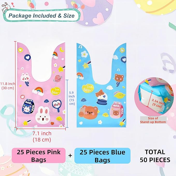 FERENLI 50 Pack Reusable Easter Gift Bags with Bunny Ears Goodie Treat Plastic Snack Candy Bags for Rabbit Bunny Birthday Party Favor Supplies (2 Mixed Colors, 7.1x11.8 inch(18x30 cm))