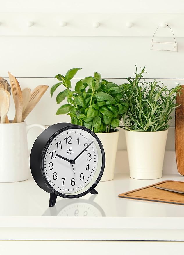 Infinity Instruments Plastic 5.75" Indoor Tabletop Alarm Clock with Quartz Movement for Accurate Time Keeping, Black