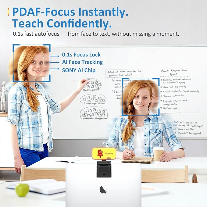 4K Webcam for PC & Laptop, Webcam for Mac –AI PDAF AutoFocus Streaming Camera for Computer, One-Touch Mute, Busy Now Do Not Disturb Light, Adjustable Fill Light, Privacy Cover for Remote Work