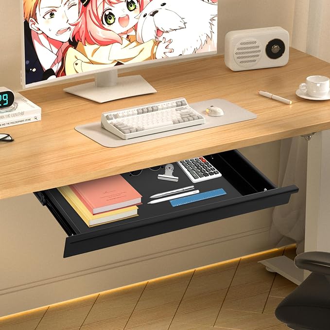 17.7" Under Desk Storage Drawer, Black Sliding Pull-Out Drawer for Sit Stand Workstation