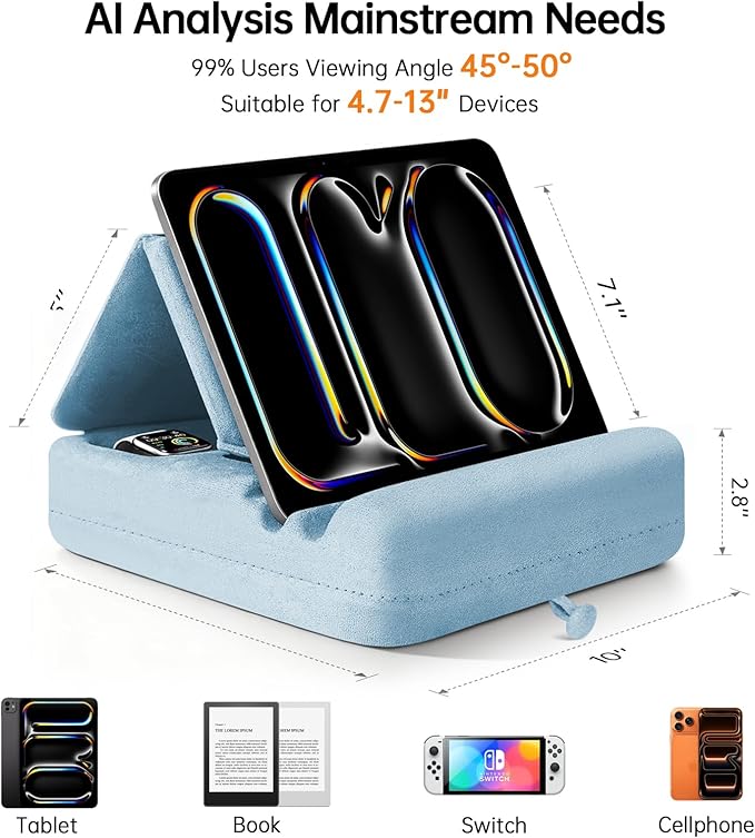 TpeeTeek Tablet Pillow Stand with Storage, Foldable iPad Holder for Lep, Bed, Sofa, and Desk - Soft Pad Dock with Pocket and Stylus Mount Compatible with 4-13" iPad Pro/Air/Mini, Galaxy Tab, Kindle