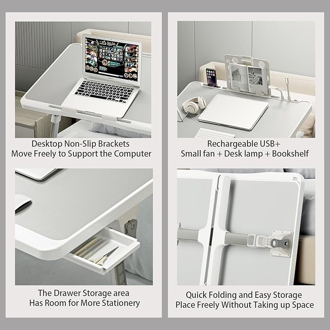 Laptop Desk for Bed, Adjustable Beds Table with USB Charge Port, Foldable Lap top Table with Storage Drawer, Portable Laptops Bed Desk Tray for Eating Working Writing Reading