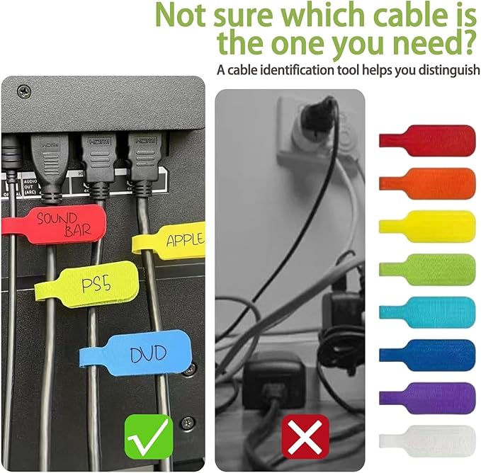 40 Pcs Cable Labels, Write On Cord Labels Tags for Electronics,Cable and Wire Tags,Reusable Large Size Plastic Velcro Label for Charging Cords Management and Identification (8 Colors)