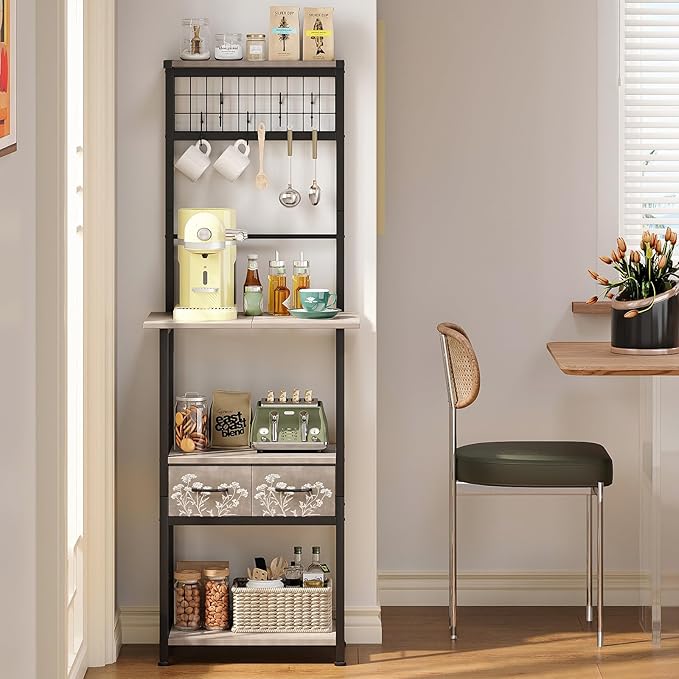 GiftGo Small Coffee Bar Station Narrow Corner Baker Rack Stand with 2 Storage Fabric Drawers 5 S Hooks for Small Spaces Farmhouse Bakers Rack for Kitchen, Entryway, Living Room (Grey, Narrow)
