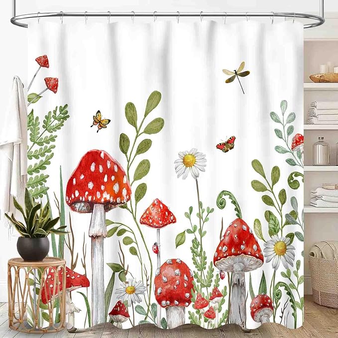 Mushroom Shower Curtain, Rustic Sage Green Botanical Vintage Mushroom Wildflower Forest Plants Herbs Farmhouse Country Waterproof Fabric Bathroom Shower Curtain Set with Hooks, 72"x72" Inch
