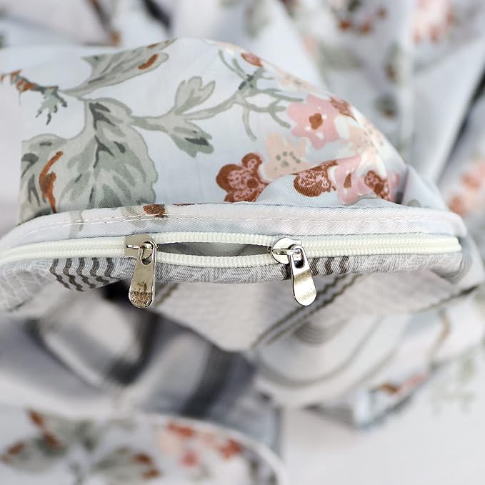 FADFAY Duvet Cover Set Twin XL Elegant Floral College Bedding Shabby Grey Bird Print Flower Quilt Cover Set 100% Cotton Soft Comforter Cover Set with Zipper Closure 3Pcs, Twin XL Size for Dorm Room