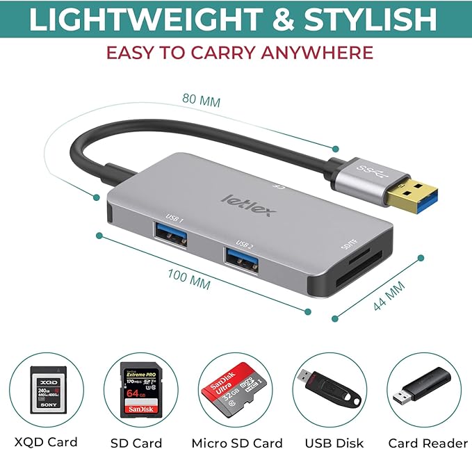 All in One Multi Card Reader Hub with USB A 3.0 Male Connector – USB 3.0 Ports with SD CF TF Card Readers – 480 Mbps Card Reader Hub – Super Fast 5 Gbps USB Ports – for Laptop, Desktop, PC
