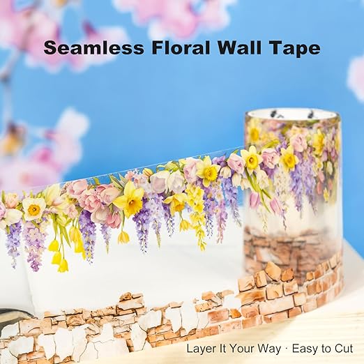 MiyouLuna 6 Rolls Flower Wall PET Tape Set, Seamless Floral Brick Stone Stickers for Journaling, DIY Crafts, Planner, Scrapbook Supplies with Clip, Waterproof and Decorative