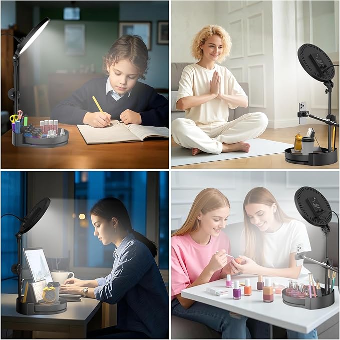 Selfie Light Kit for Desk and Laptop,55W Dimmable Full Screen Ring Light,with Rotating Storage Box,Pen Holder Stand,Phone Holder and Controller (Pink, 10.5)