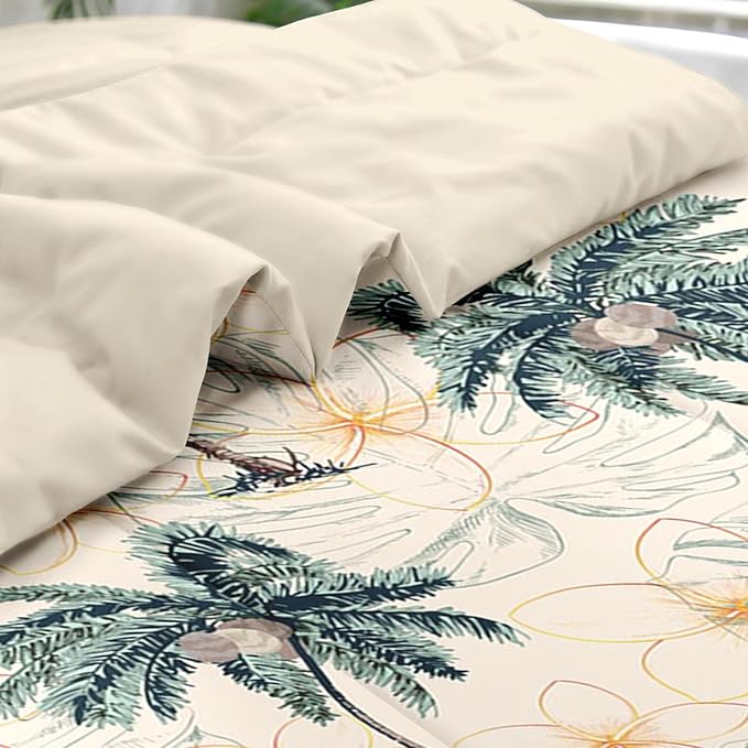 Comforter Set Queen Size, Tropical Botanical Palm Summer 7 Pcs Bedding for Kids and Adults, Hawaiian Coconut Tree Bed Sheet Sets with Fitted Sheet 2 Pillowcase & 2 Sham for Bedroom Bed Decor