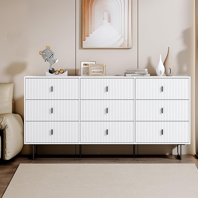 Chrangmay Modern Chest of Drawers with 9 Drawers,Deep Drawers,Clothes Organizer,Large Storage Cabinet for Living Room, Bedroom,Hallway,with Anti-Tipping Device, White