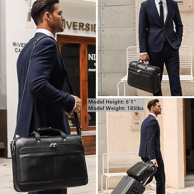 Masa Kawa Leather Briefcase for Men 17/15.6" Laptop Crossbody Shoulder Messenger Bag Business Travel Work Attache Case