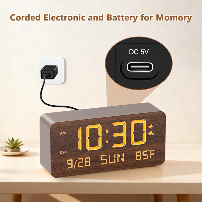 Fomobest Wooden Digital Alarm Clock for Bedroom - Desk Clock with Date, Day of Week, Temperature, Dual Alarms, Dimmer, USB Port Charge, DST, Adjustable Volume for Living Room/Office Wood Decor (Brown)