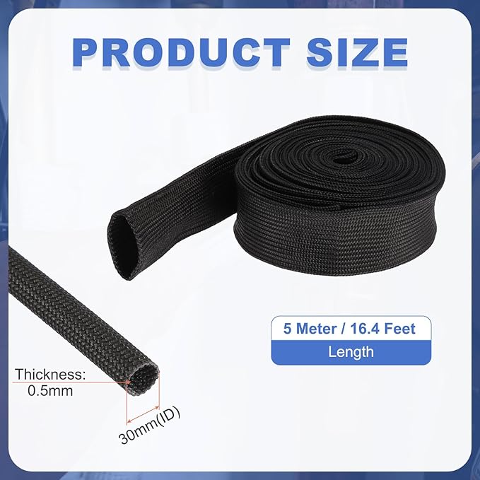 uxcell Insulation Cable Protector,30mm/1.18 Inch-5m/16 Feet High Temp Fiberglass Sleeve Black