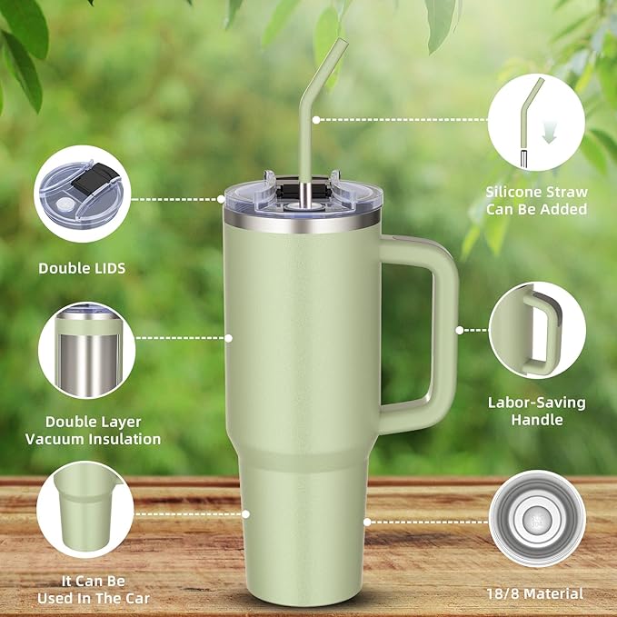 40 oz tumbler with handle and straw,Double Wall Vacuum Reusable Stainless Steel Insulated Water Bottle,With Leak Proof lid and Straw for Iced or Cold Beverages (bay green)