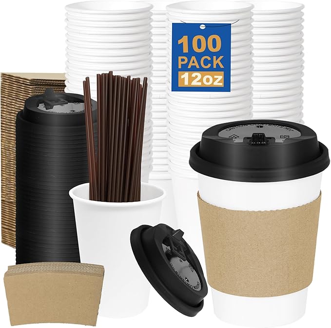 Coolcap 12 oz 100 Pack Coffee Cups with Lids and Sleeves, Straws, Hot Disposable To Go Travel Paper Cups Bulk for Office, Home Coffee Bar Accessories, Chocolate, Cocoa, Beverage (White)