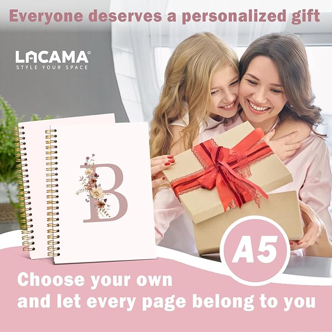 Lacama Pink Initial Letter B Notebook, Aesthetic Wildflower Personalized Journal Spiral Notebook, Customized Monogrammed Gifts, Birthday Gifts for Women, School Supplies, Office Supplies 5.5x8.3