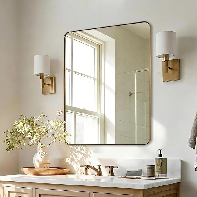 ANDY STAR Gold Bathroom Mirrors for Over Sink, 24x32 Inch Brushed Gold Wall Mirror, Rectangular Metal Framed Vanity Mirror -Modern Clean Design with Superior Stainless Steel Frame