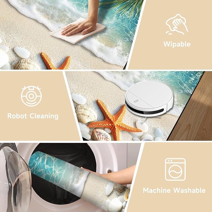 4'x6' Beach Rug Starfish Seashell Area Rugs for Bedroom Living Room Kitchen Nursery Playroom Home Decor Ocean Sea Wave Carpt 3D Non Slip Washable Throw Rug Coastal Seaside Floor Mat