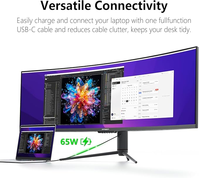 INNOCN 49" Curved Gaming Monitor 144Hz Ultrawide 32:9 WDFHD 3840 x 1080P, R1800, 99% sRGB, HDR400, USB Type C, DisplayPort, HDMI, Built-in Speakers, Height/Tilt Adjustable - 49C1G