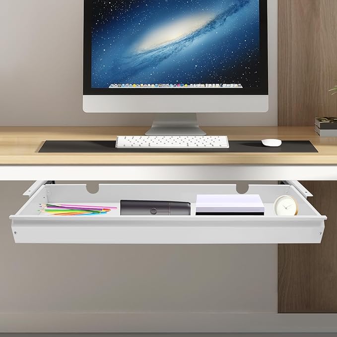 LEYSRIS 33.3" Under Desk Storage Drawer, White Sliding Pull-Out Drawer for Sit Stand Workstation