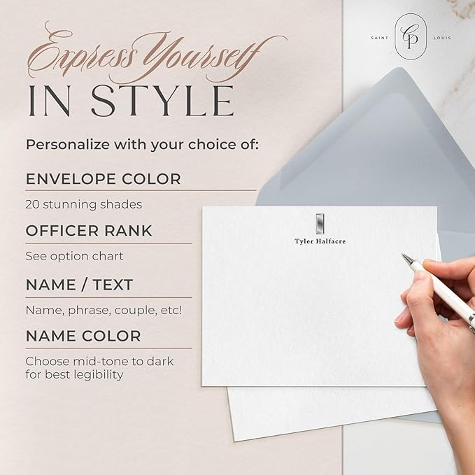 Curio Press Personalized Stationery for Women & Men - A2 Army Flat Thank You Cards with Custom Notecards, Personalized Note Cards with Envelopes and Name, Custom Stationery - Military Officer Flat