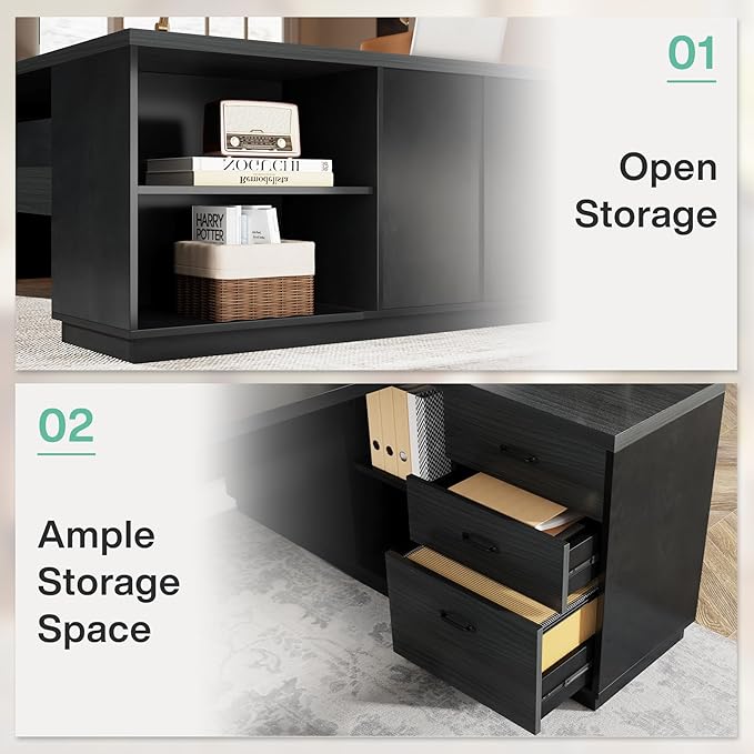 Tribesigns 78" L-Shaped Executive Desk, Large Modern Office Desk with Drawers and Lateral File Cabinet, Business Furniture with Storage Shelves, Big Computer Desk for Home Office (Grey + Blcak)