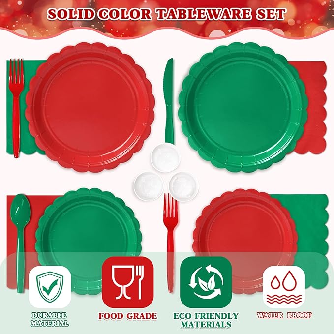 Vyntra 350 PCS Disposable Plates for Party, Paper Plates & Napkins Set with Cups, Knives, Forks, Spoons, 7'' Dessert and 9'' Dinner Plates for Christmas, Holiday Party - Red and Green