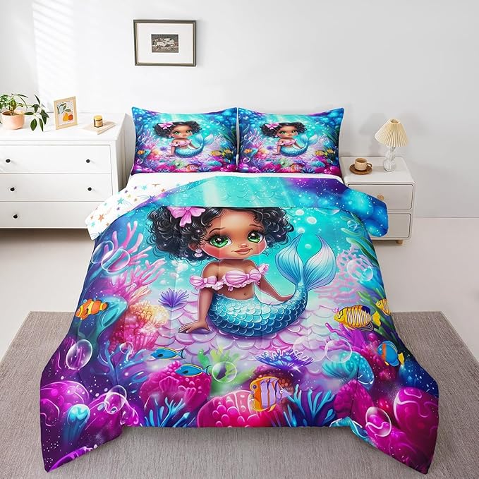 Cute Mermaid Comforter Set Queen Size,Reversible Cute Girl Fish Scale Print Black Bedding Set for Women Adult,African Style Cartoon Fairy Tale Theme Luxury Bed Duvet Insert, 2 Pillowcases