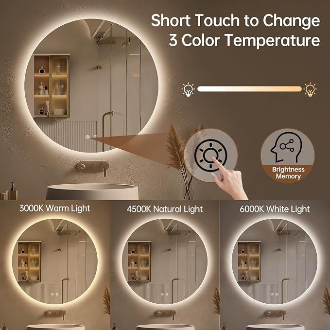 LOVESPEJO 30 Inch Round Backlit Bathroom Mirror with Lights, Circle LED Mirror for Bathroom, Fogless, Stepless Dimmable, 3 Color Changing, Memory, IP54, Shatter-Proof