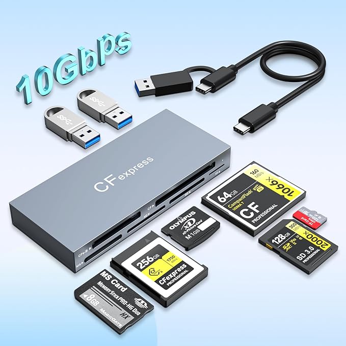 CFexpress Type B Card Reader 8 in 1, 10Gbps Multi CF Express Reader Adapter for CFexpress Type B/CF/XD/MS/TF/SD Memory Card Readers Hub with 2*USB Gen 3.2 Data Port for Windows/Mac/Linux/Android