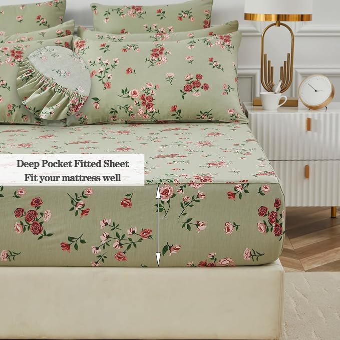 FADFAY Twin XL Sheet Set 100% Cotton Sage Green Bed Sheets, French Country Red Rose Floral Pattern, Soft Cool Luxury Bedding, Shabby Vintage Style, 4 Pieces Deep Pocket Fitted Sheet, Twin Extra Long