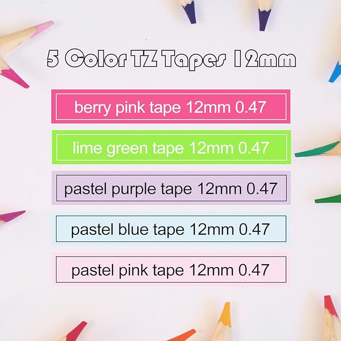 5P Compatible with Brother P Touch Label Tape TZe-MQP35 G35 F31 E31 MQ531 TZ Tape 12mm 0.47 Laminate(White Berry Pink/Lime Green,Pastel Pink/Purple/Blue) for Brother PTD210 PTD400 PTP300BT