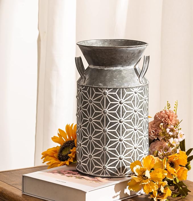 Vintage Galvanized Metal Milk Can, Farmhouse Decorative Flower Vase, Rustic French Country Milk Jug for Home Decor,10.6''H…