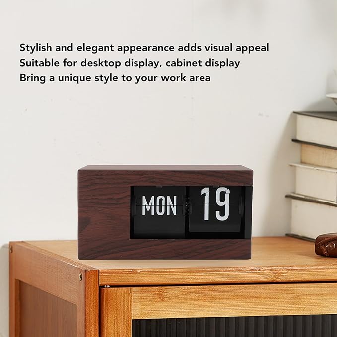 Flip Desk Clock, Intelligent Perpetual Calendar Unique Flip Design Flip Clock 2600Mah Built in Batteries Digital Flip Down Clock for Home Room Office (Wood Grain)
