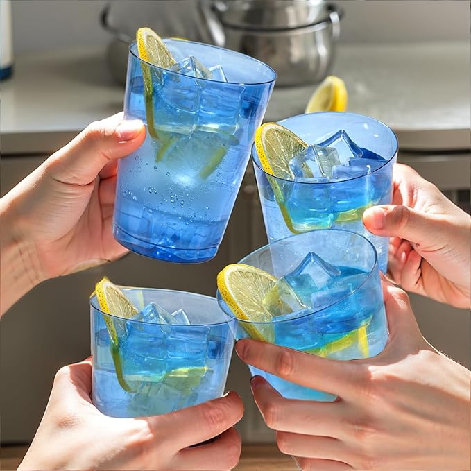 DaYammi 100 Pack Clear Blue Plastic Cups 10 Oz, Blue Cups for Party Disposable Wine Glasses Heavy Duty Disposable Tumblers Drinking Cocktail Glasses for Wedding Hanukkah Christmas