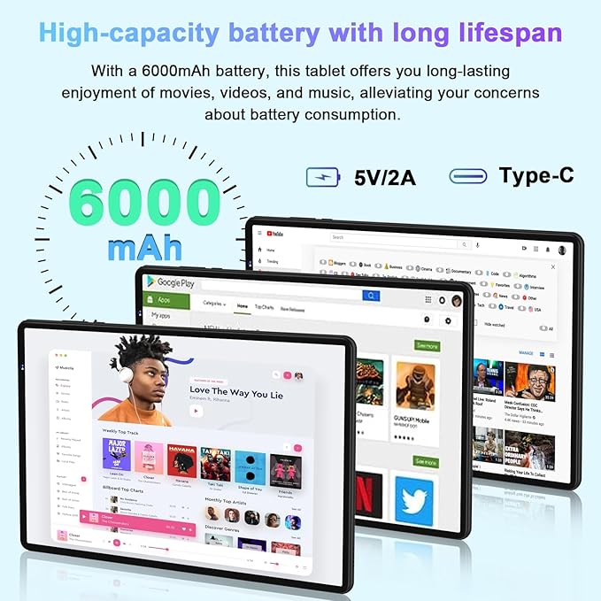 2025 Tablet, 10 Inch Android Tablet 20GB RAM+128GB ROM+1TB Expand, Octa-Core Android 14 Tablets with Keyboard, Mouse, HD IPS Touchscreen, 6000mAh, BT 5.0, WiFi 6, Widevine L1, Split Screen -Black
