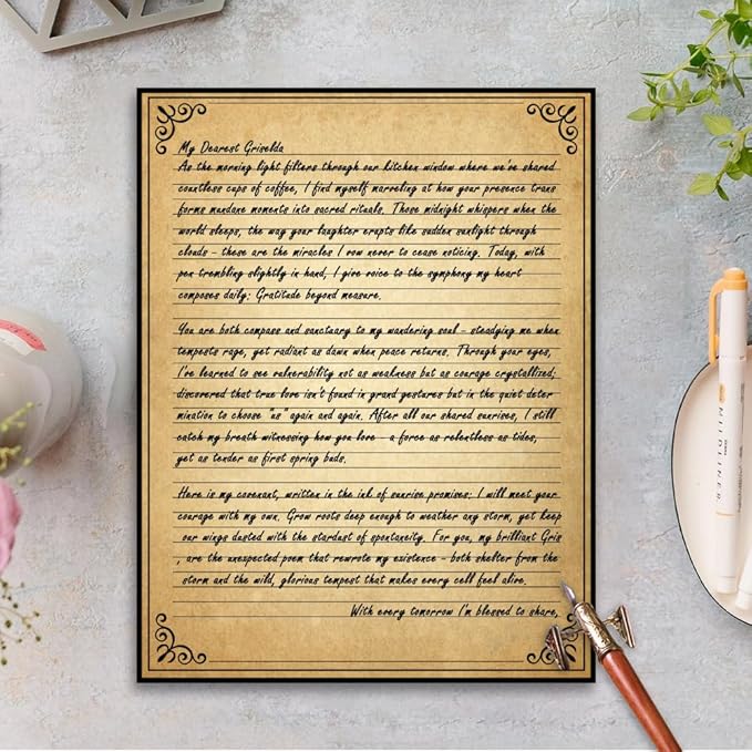 Vintage Lined Paper with Antique Border Design, 100 Sheets, Stationary Paper for Writing Letters, 100gsm, 11 x 8.5'', Aged Stationery for Writing Letters, Invitations, Stationery Writing Papers