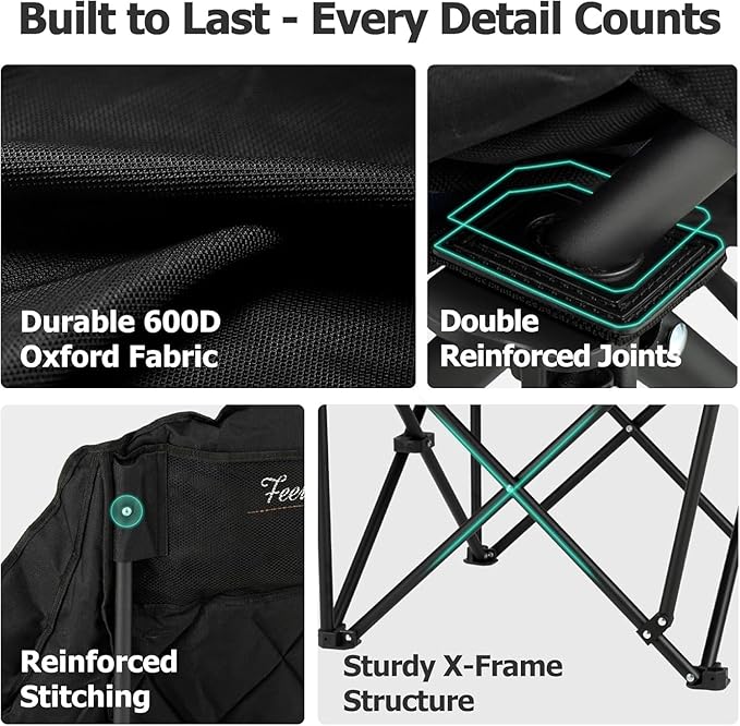 Overmont Oversized XL Camping Chair for Adults - 400lbs Support Heavy-Duty Padded Folding Chair with Side Pocket Cup Holder Cooling Bag for Outdoor Sports Garden Beach Fishing Lawn Black 2pcs