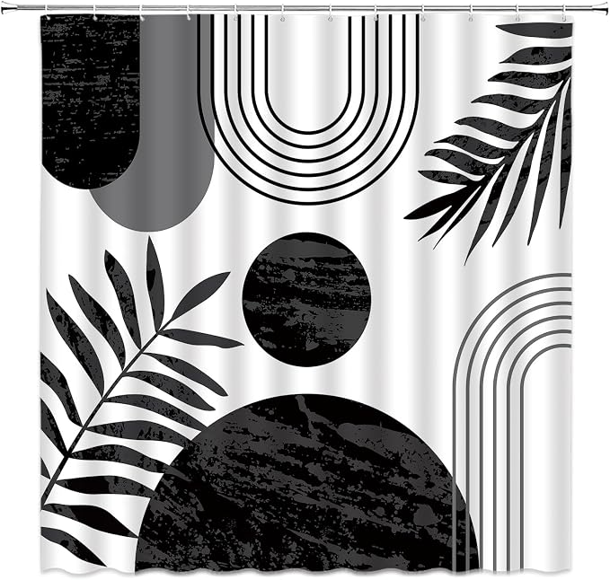 Mid Century Modern Shower Curtain Boho Black and White Abstract Retro Aesthetic Fabric for Bathroom Decor Bathtub with Hooks (67" WX70 H)