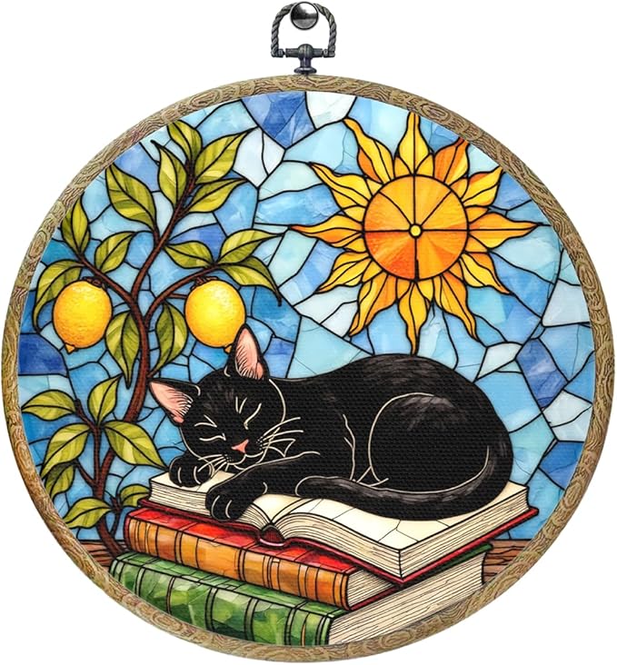 Cute Cat Decor Cat Stuff Accessories Book Lovers Gifts Reading Gifts Framed Round Wall Decor Canvas Wall Art Hanging Prints Artwork for Home Door Bedroom Living Room Decorations 10.2X10.2 Inch
