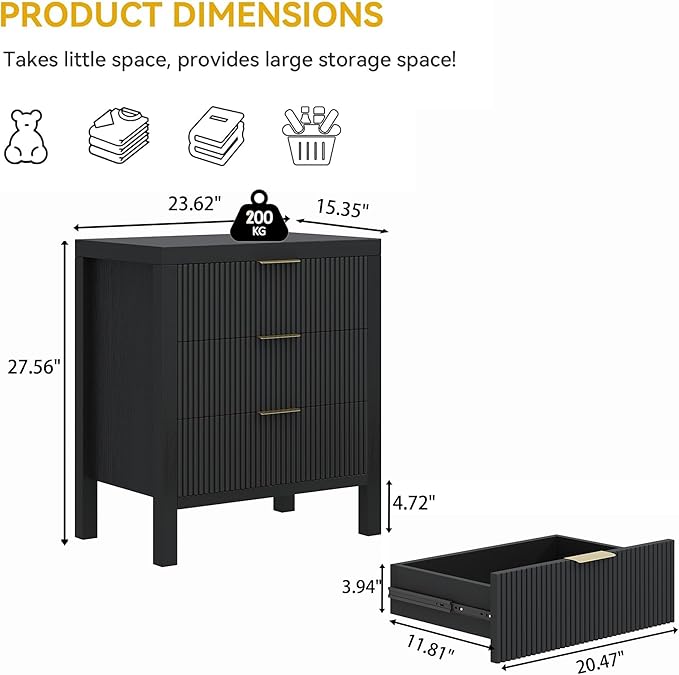 LSKTGA 3 Drawer Dresser, Chest of Drawers Organizer with Waveform Panel, Large Fluted Dresser with Wide Drawers and Golden Handles, Wood Storage for Bedroom, Hallway, Entryway, Black