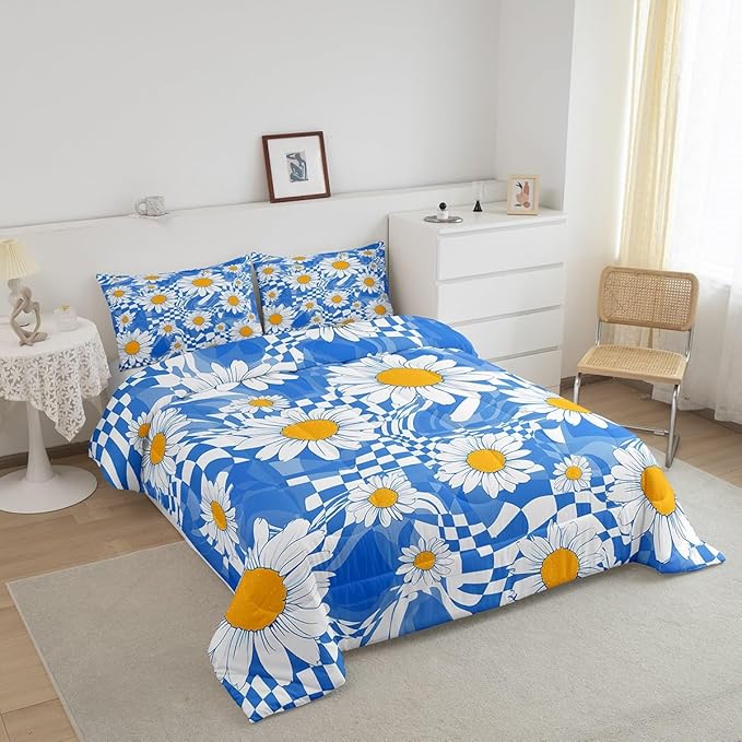 Castle Fairy Kids Abstract Queen Size Comforter Set,White Daisy Flowers Down Comforter Adults Bedroom Decor,Blue Zebra Stripes Geometric Plaid Ultra Soft Microfiber Inner Fill 3Pcs Bedding
